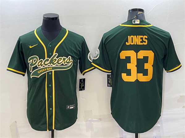 Men's Green Bay Packers #33 Aaron Jones Green Gold With Patch Cool Base Stitched Football Jersey